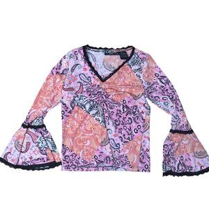 Y2K Bell Sleeve Boho Blouse Paisley Size S VTG Feminine Pink Impressions